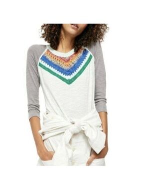 Free People Spring Bound rainbow crochet knit detail elbow sleeve shirt top
